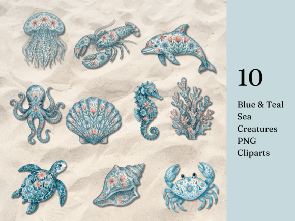 Blue Teal Watercolor Sea Creatures PNG Review